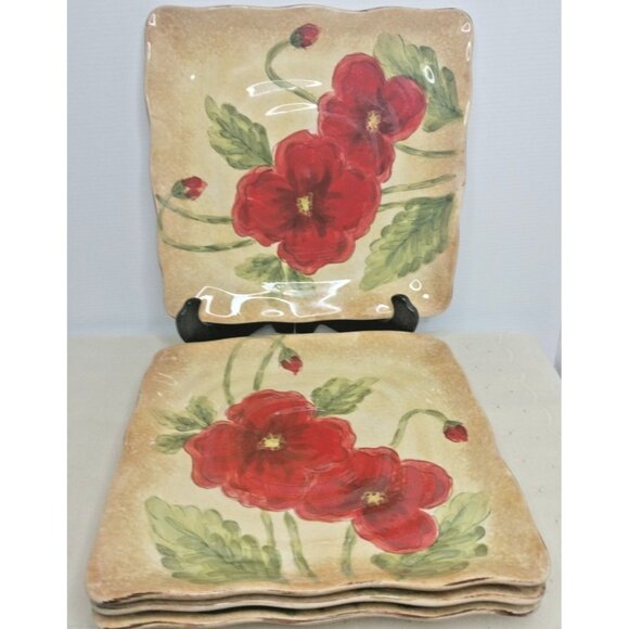Four Poppies Scallop Square Dinner Plate 9"X9" New - Picture 1 of 6